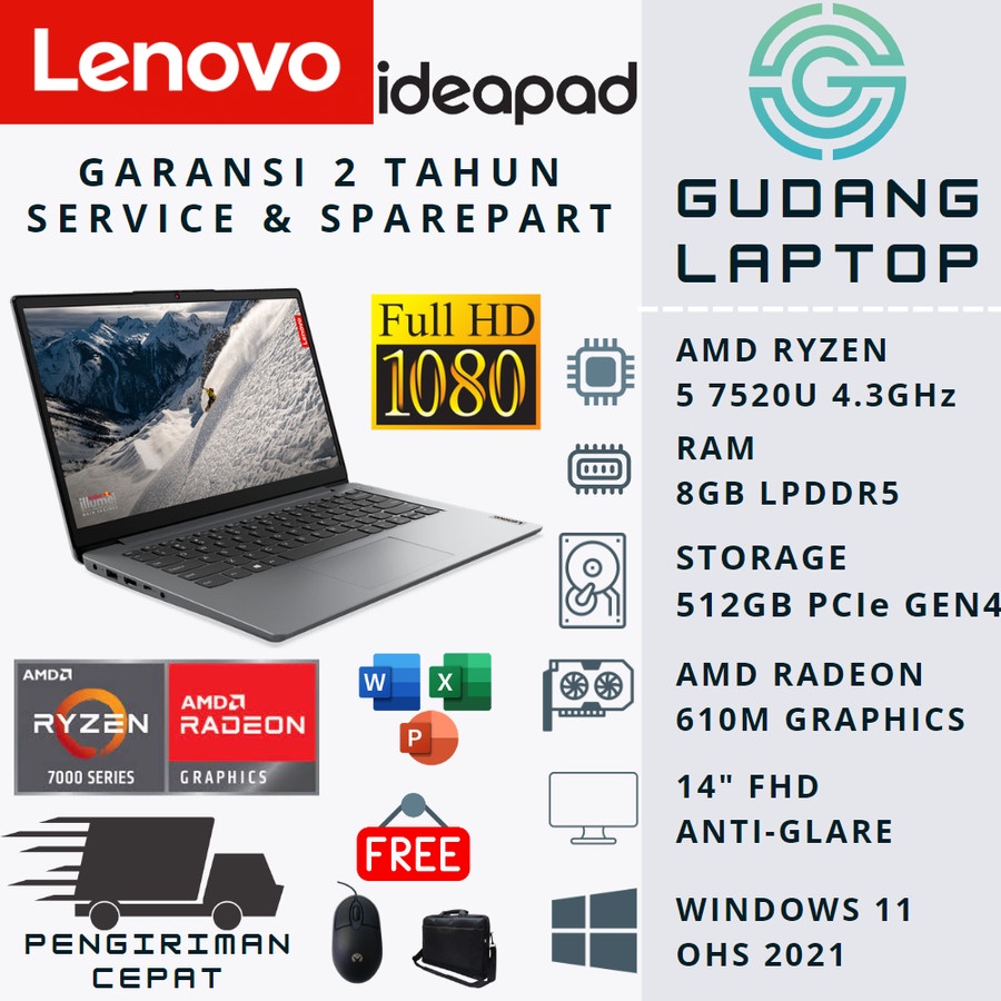 LAPTOP LENOVO IDEAPAD SLIM 1 14 RYZEN 5 7520U 8GB 512 DDR5 W11+OHS2021