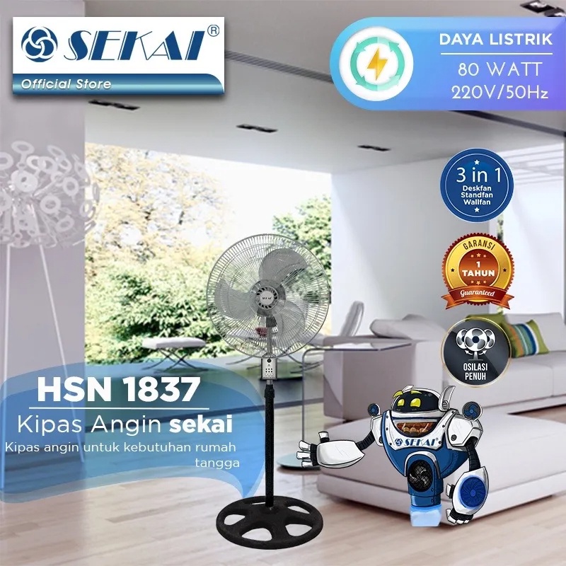 Sekai Industrial Fan Tornado 18 inch Kipas Angin Industri 3 in 1 + Remote HSN 1837 RI Stand / Wall / Floor Fan