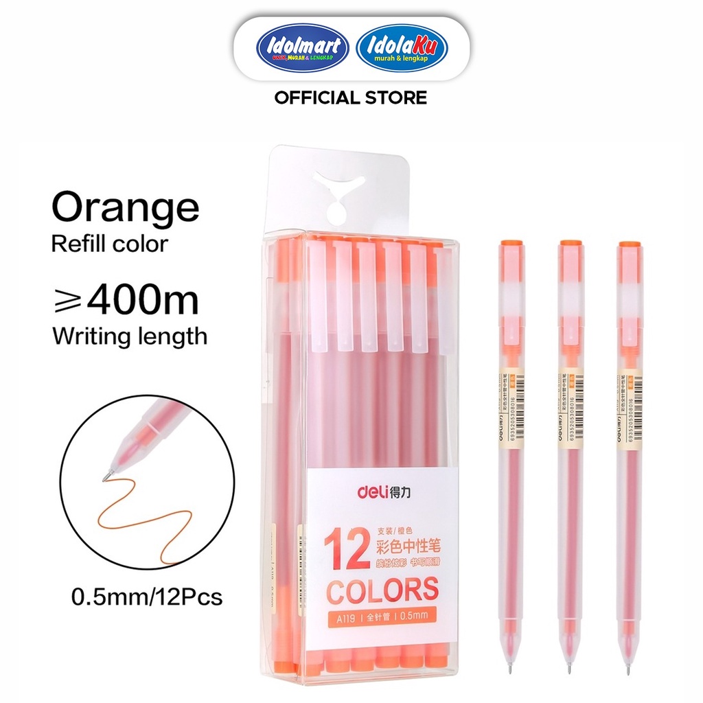 IDOLMART Deli Pulpen Gel Pen A119 Orange / Tip 0.5mm Panjang Penulisan Hingga 400m /pcs Deli Surabaya