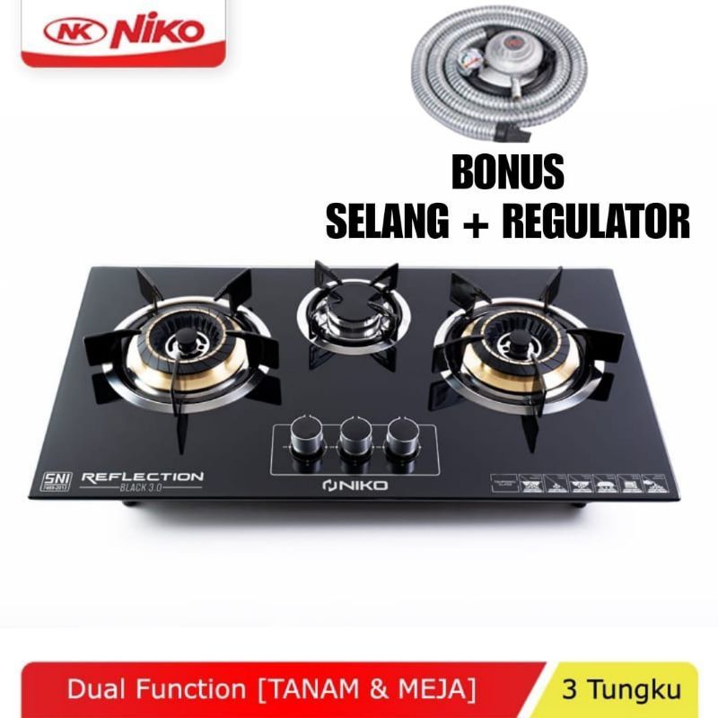 NIKO RG 20T  /  3 Tungku  REFLECTION GOLD  BLACK Kompor Gas Kaca  2 Tungku