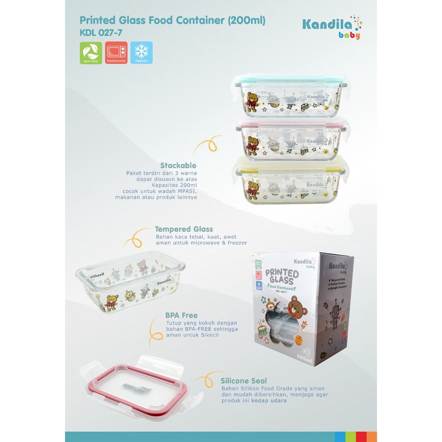 KANDILA Baby PRINTED Glass Food Container 160ml 180ml 200ml KDL027-5 KDL027-6 KDL027-7 KDL027-8 KDL027-9 Wadah Tempat Makan Bayi