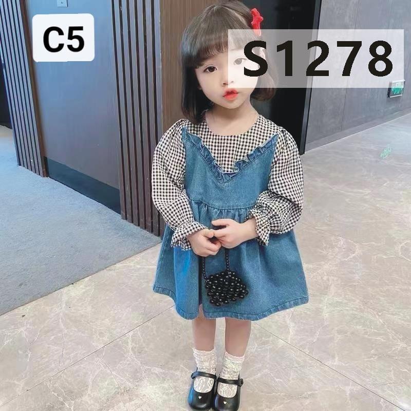 Dress Jeans Atasan Kotak - Kotak Hitam Anak Perempuan