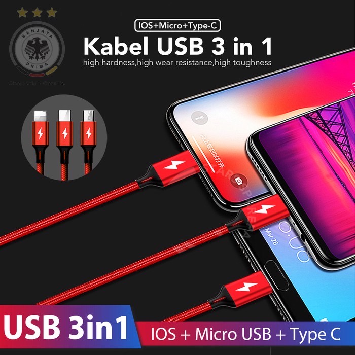 Kabel Data 3 in 1 Fast Charger Type C + Lightning + Micro Cable