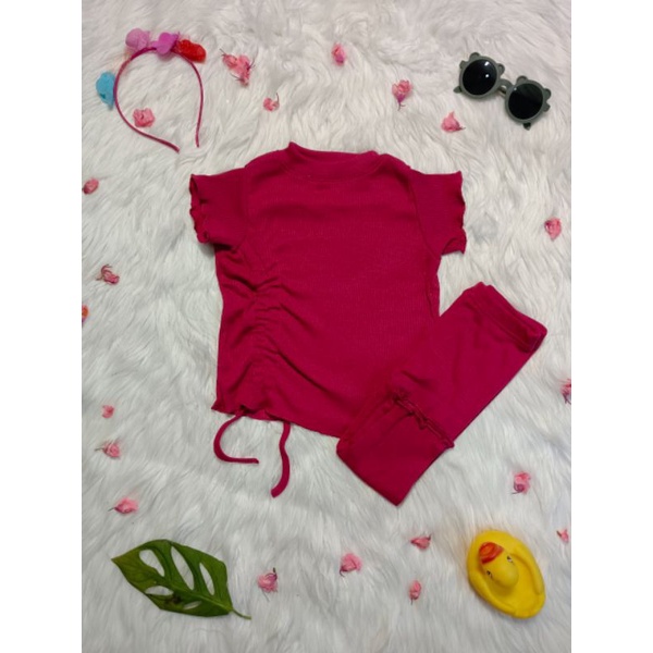 JUNIOR 6-7 TAHUN Set Kerut Ruffle Knit Tee XXL | Baju Setelan Anak Perempuan Kerut Bahan Rib Knit | Oneset Anak Perempuan