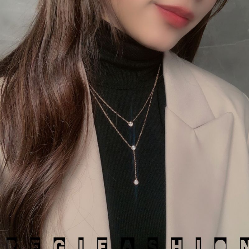 { Bayar Ditempat } Kalung Titanium Wanita Desaign 2 Layer Kalung Wanita Korea 2 Layer Permata Berkilau Kalung Titanium Wanita Anti Karat Tidak Luntur