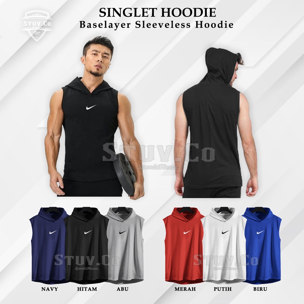 Manset Hoodie Pria Sleeveless Baselayer Singlet Kupluk Olahraga Gym Fitness Futsal Jogging Keren