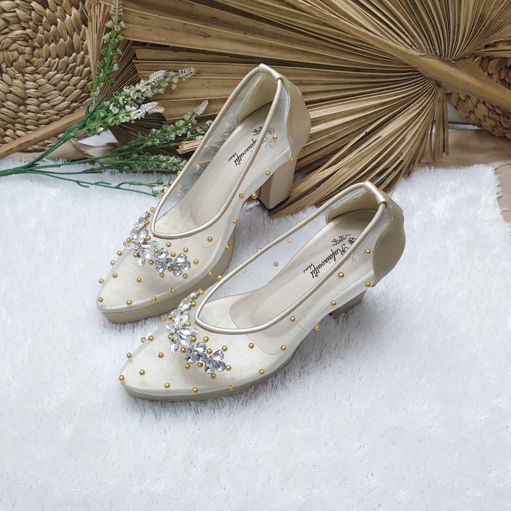 Sepatu wedding pesta Cantik mingka gold 9cm tahu