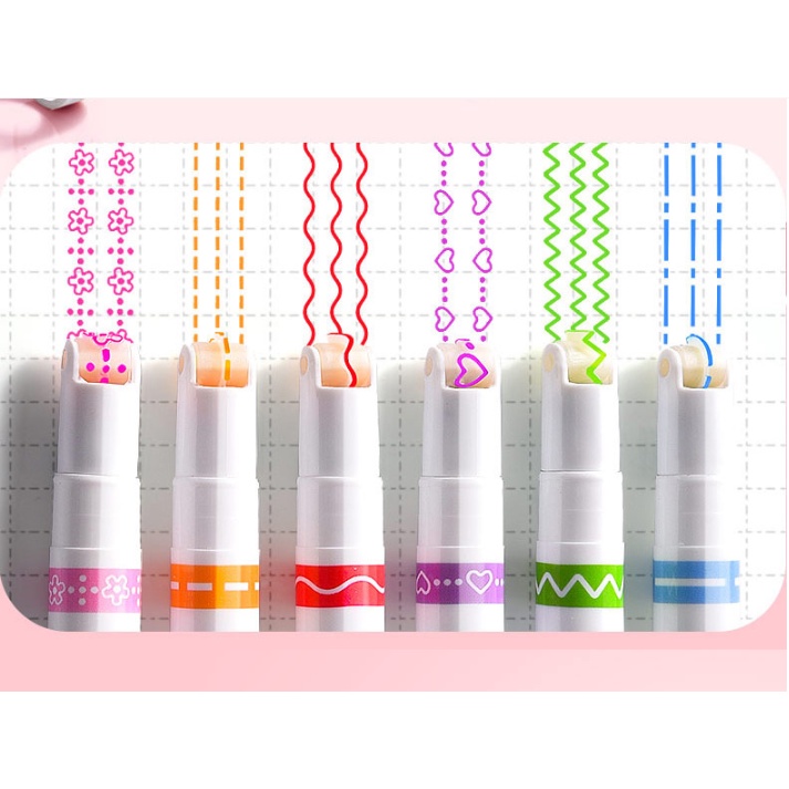 Line Shape Highlighter Isi 6 Warna / Set Line Pen Marker 6 in 1 / Set Spidol Roll Garis 6in1 / Curve Highlighter Pen Art Set