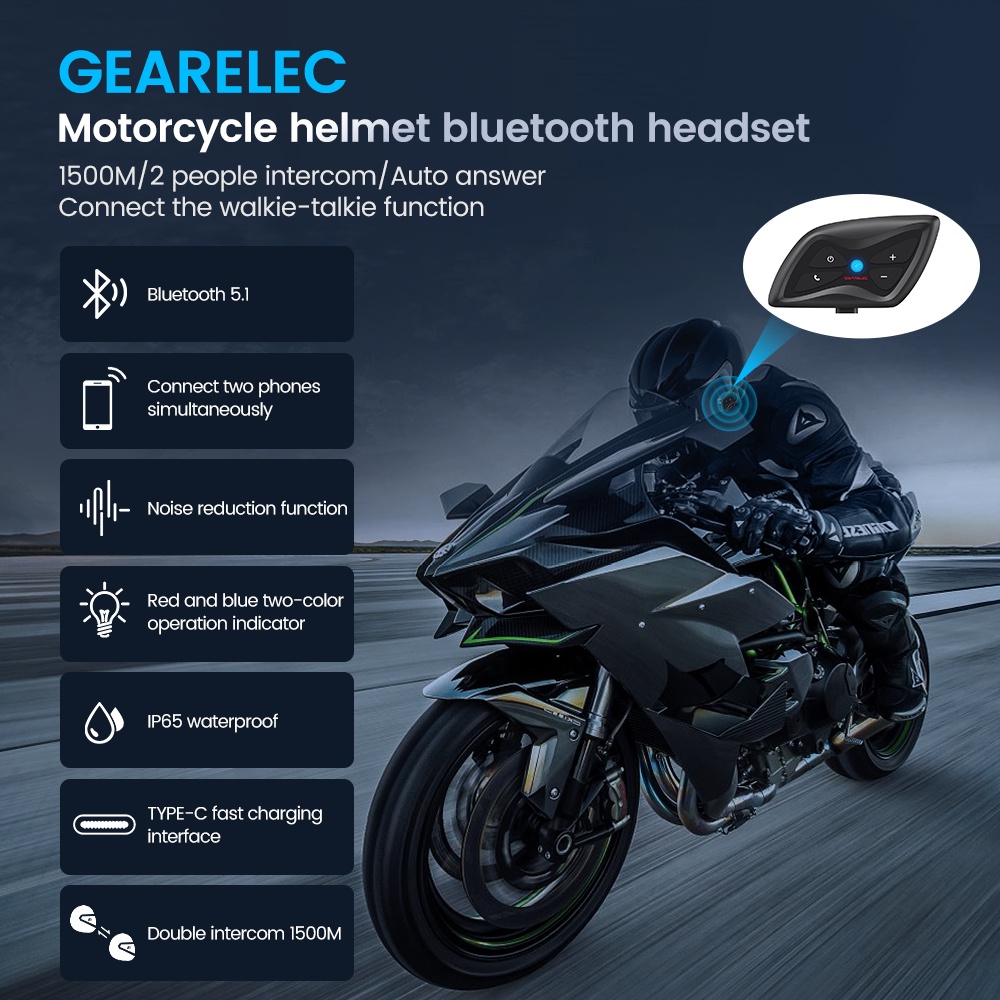 [Stok Tersedia] GEARELEC DK01 Bluetooth Helm Sepeda Motor Intercom Headset IP65 Tahan Air 1500m Rentang 2-Orang BT5.1 Sistem Komunikasi Nirkabel COD