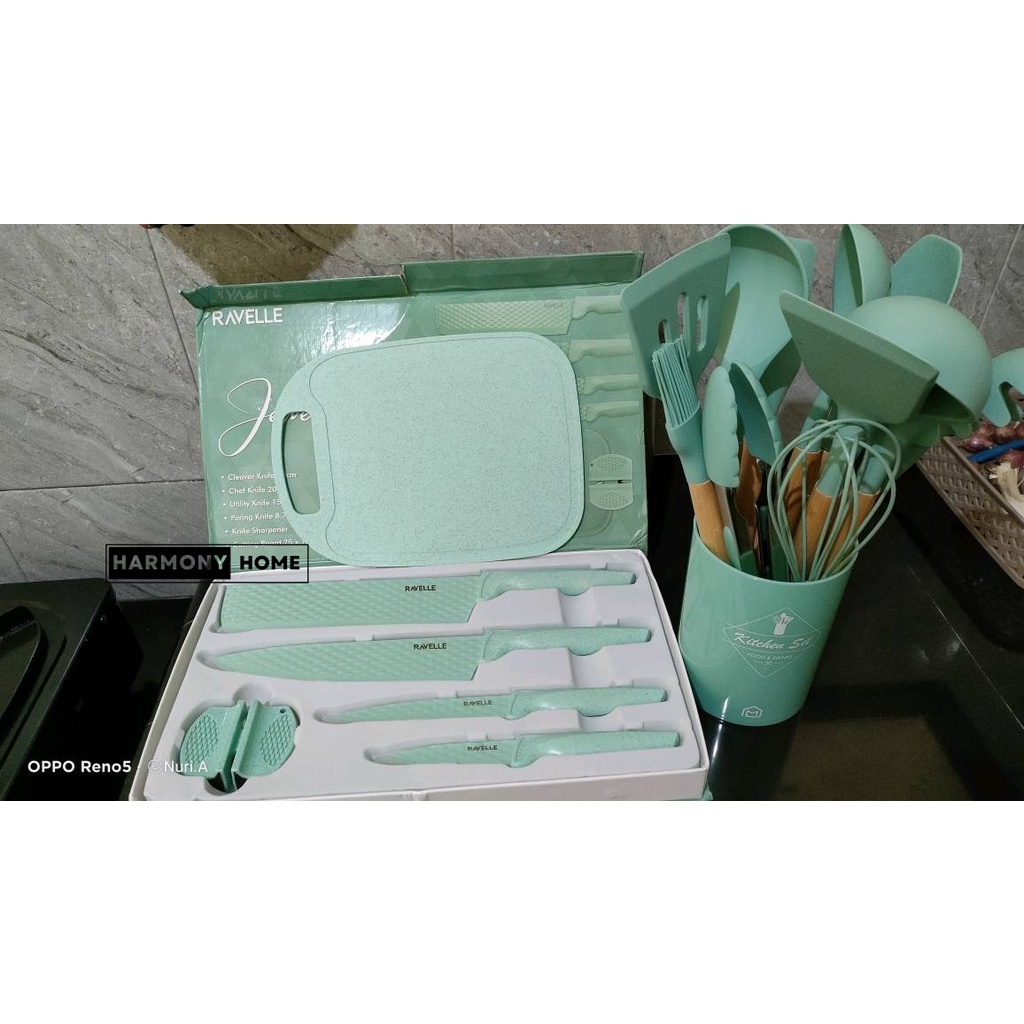 Pisau Set Ravelle - Jewel Knife Set 6in1 RAVELLE Jewel Knife Set 6 in 1 Set Emerald Green - Pisau Dapur Anti Lengket - FREE Talenan -Emerald Green-Non Stick Diamond