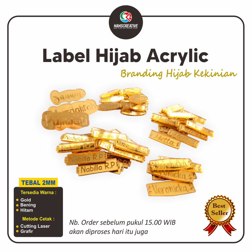Label hijab akrilik / label hijab acrylic / nama akrilik / nama acrylic / brand akrilik / brand acry