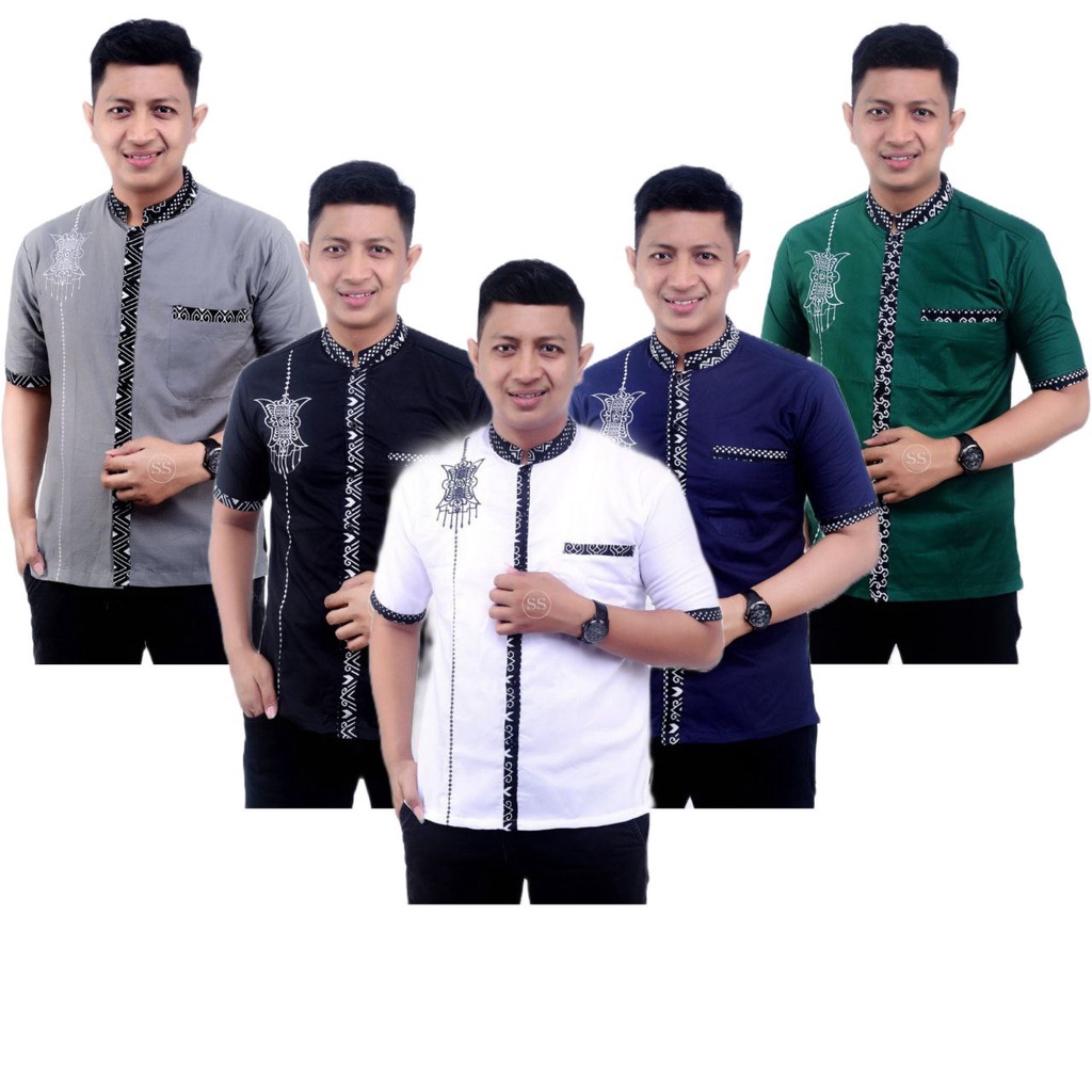 Baju Muslim Pria | Koko Pria Dewasa | Baju Koko Pria Lengan Pendek bordir | Baju Koko Hadroh Motif A