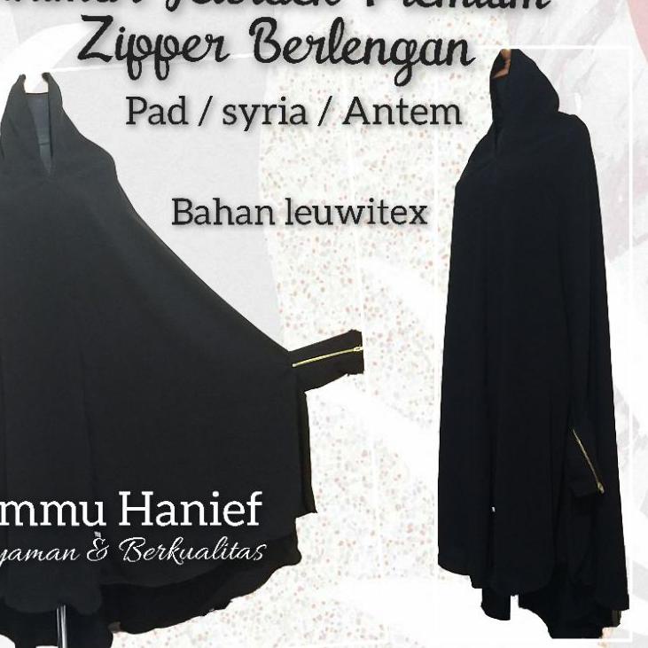 ➾ khimar Syar'i Jetblack  Zipper Berlengan bahan Jetblack leuwitex ✮
