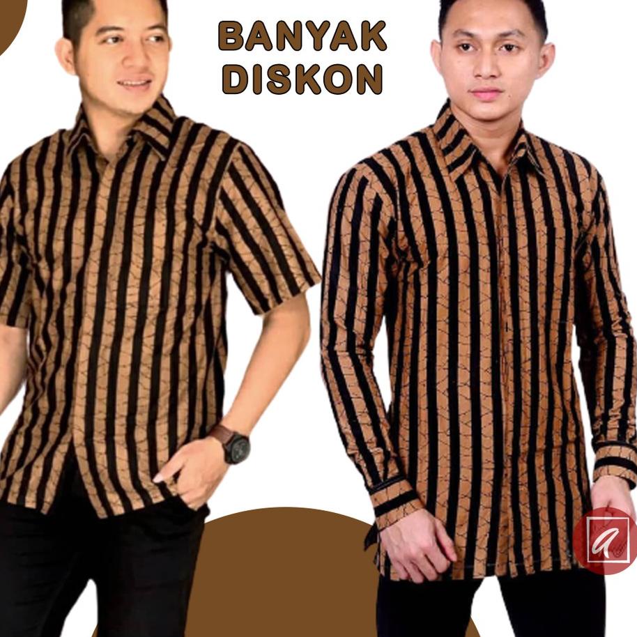 NAY184 Kemeja Batik Pria Lurik Lengan Panjang Motif Lurik Hem Salur Lengan Pendek Baju Adat Jawa ++
