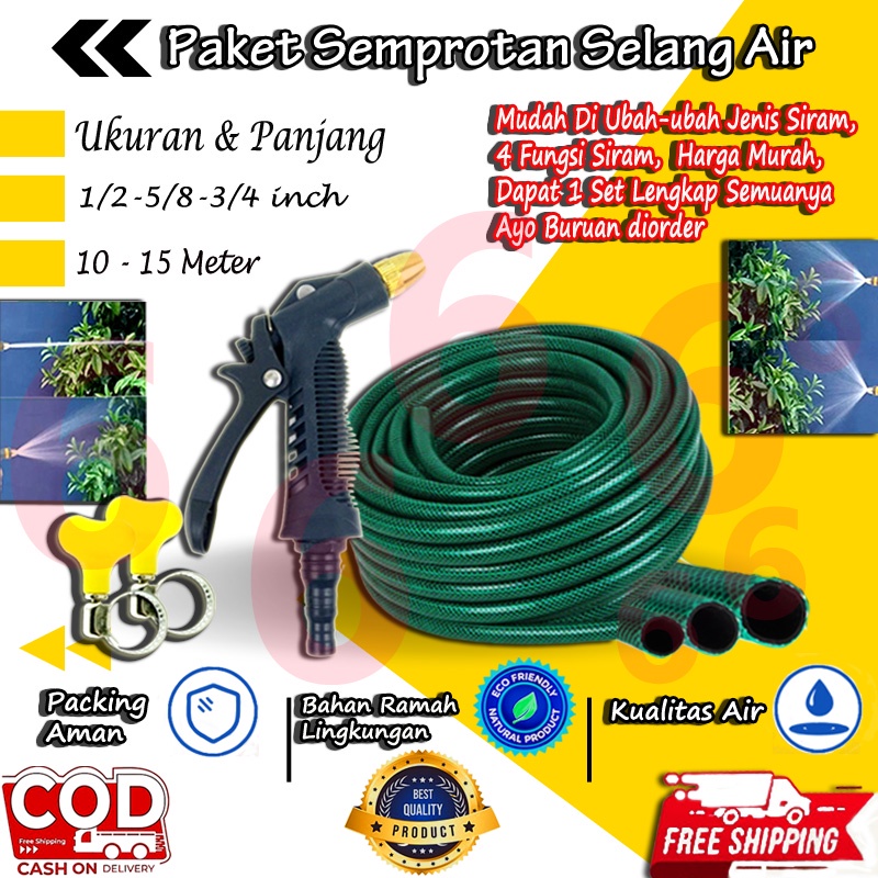 PROMO PAKET SEMPROTAN SELANG AIR 1/2 5/8 3/4 INCH HIJAU ANTI LUMUT 10 15 METER TEBAL 2 MM PERALATAN TAMAN PERKEBUNAN JET SPRAY MURAH COD