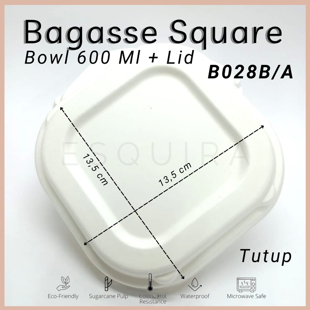 Bagasse Square Bowl 600 ML + Lid / 10 PCS / B028B/A