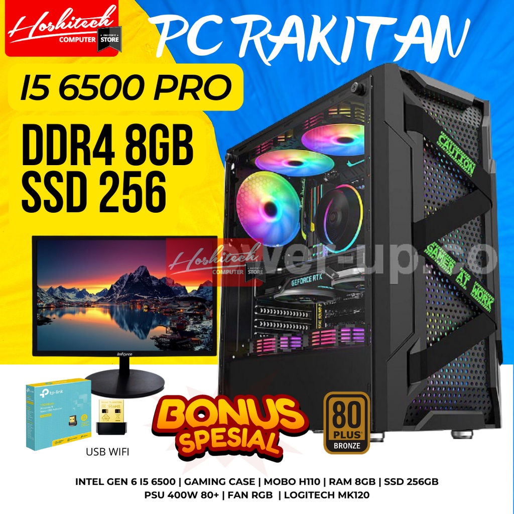 PC RAKITAN I5 EDITING OFFICE DDR4 8GB SSD 256GB MONITOR 19 INTEL GEN 6