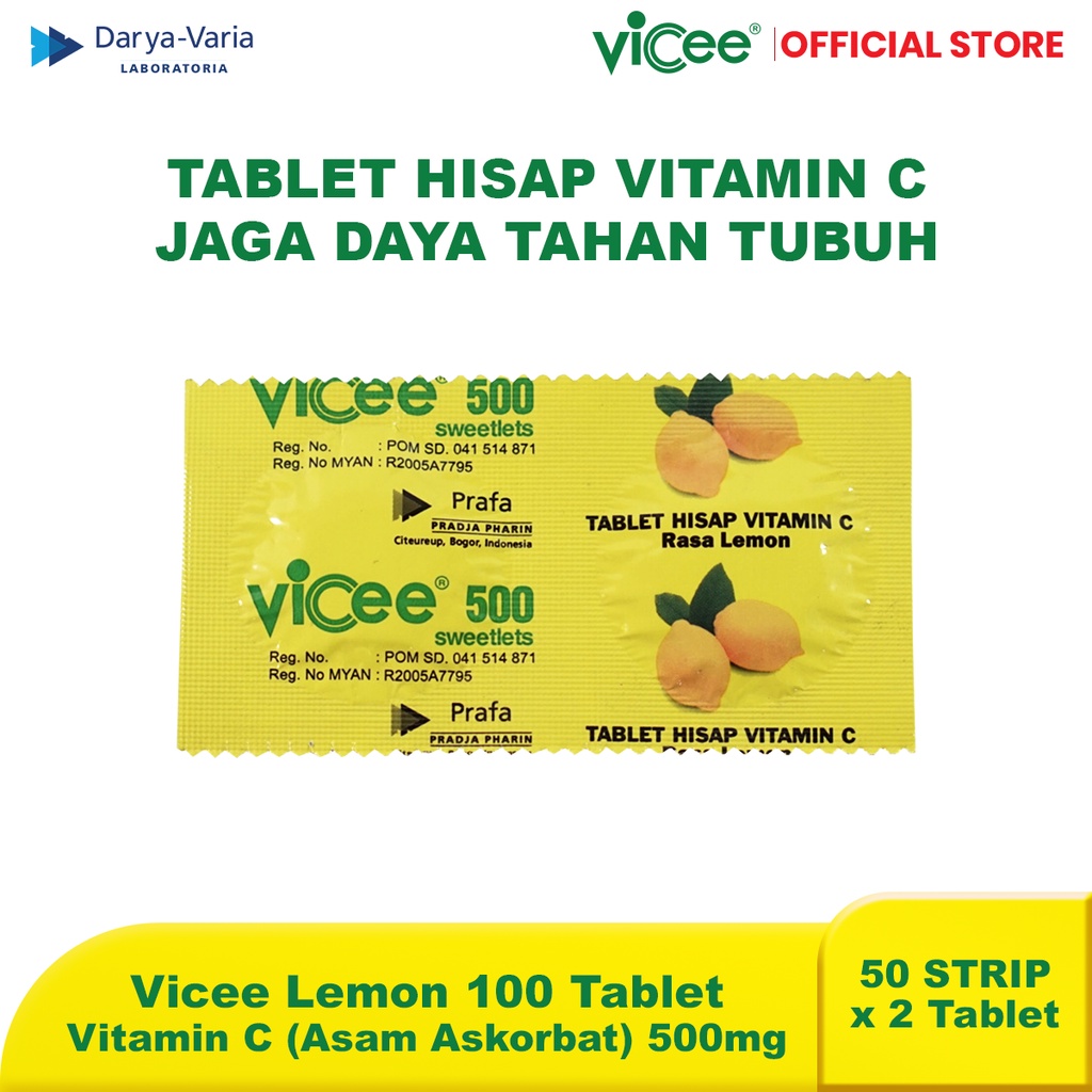 Vicee Lemon Vitamin C Suplement Harian Isi 100 Tablet Hisap (50 Strips x 2 Tablet Hisap)