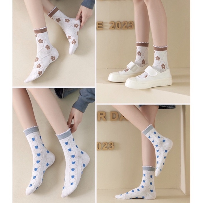 Kaos kaki tipis putih sock fashion anak cewek wanita panjang renda casual lucu etestik motif bunga