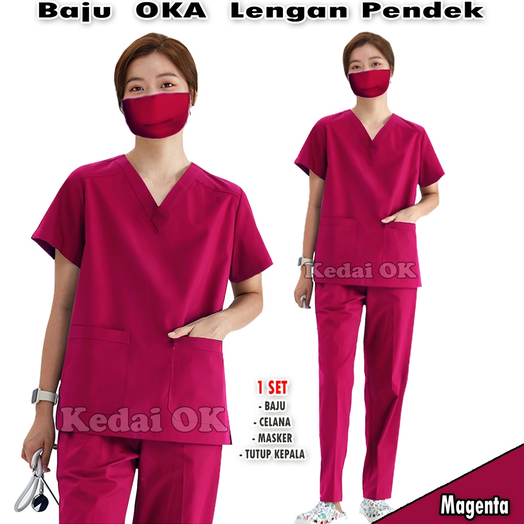 Baju Oka - Seragam Ok Medis Perawat  Lengan Pendek - Baju Jaga Dokter Bidan Suster Babby Sitter - Pria dan Wanita - Bahan American Drill