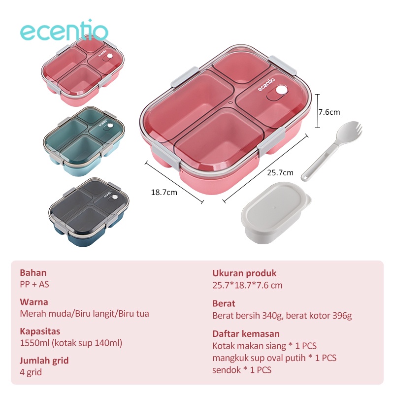 ecentio Kotak Makan 4 Grid Kotak Sup Gratis Sendok 1550ml +140ml Anti Tumpah Lunch Box 4 Sekat Lunch Box Misting Tempat Makan Portable Kotak Bekal BPA Free