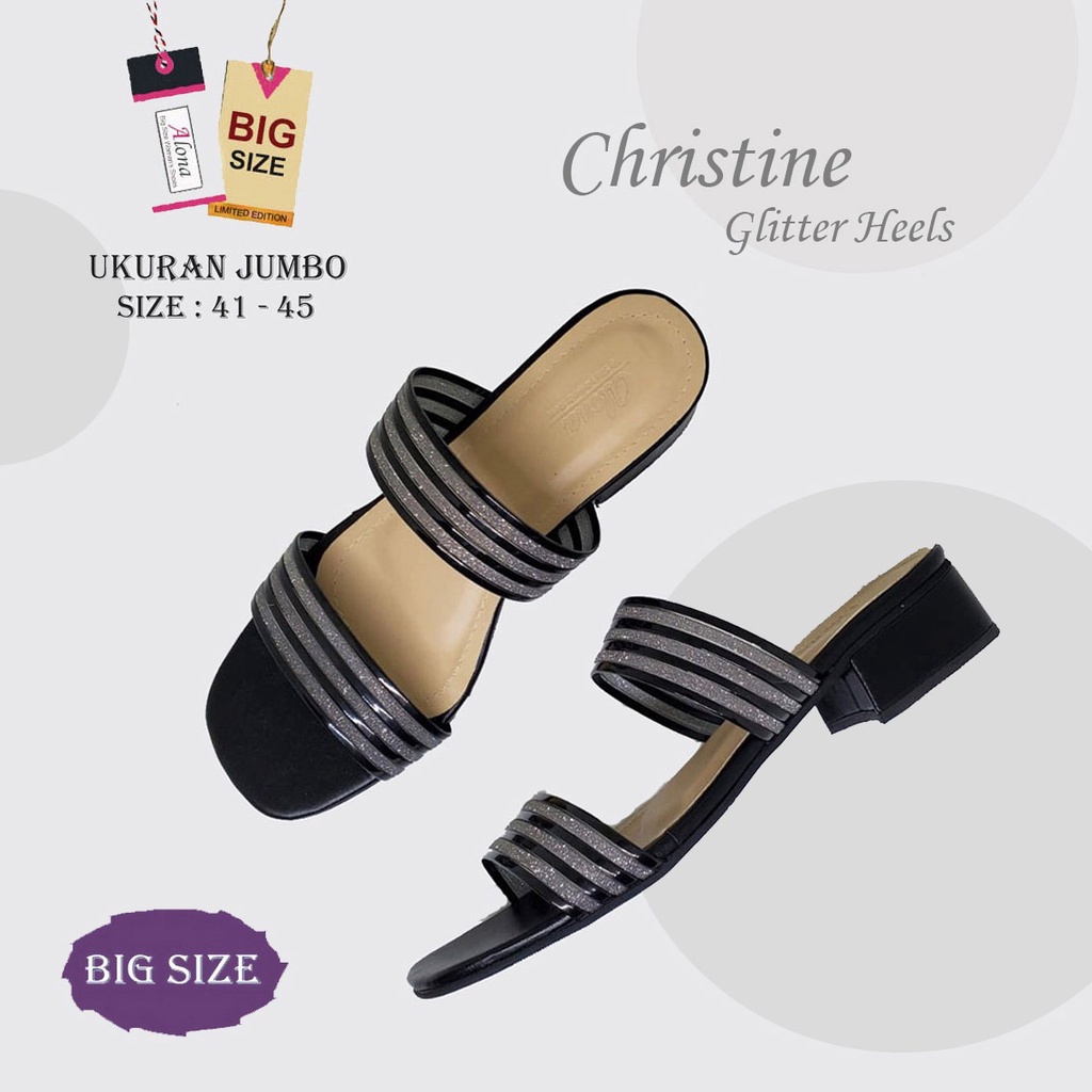 CHRISTINE X ZAGIB | Sandal Wanita Hak Tahu Hitam Silver Ukuran Jumbo / Sendal Heels Pesta Big Size