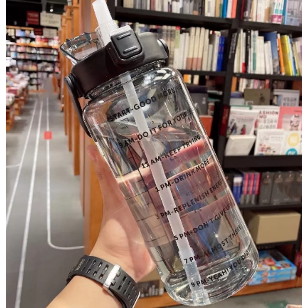 Botol Air Minum Motivasi Penanda Waktu Transparan Bening 2 Liter-Water Drink Motivation Viral+Sticker 2D&amp;3D-Botol Minum Motivasi Penanda Waktu Viral Ukuran 2 Liter Bening Transparan