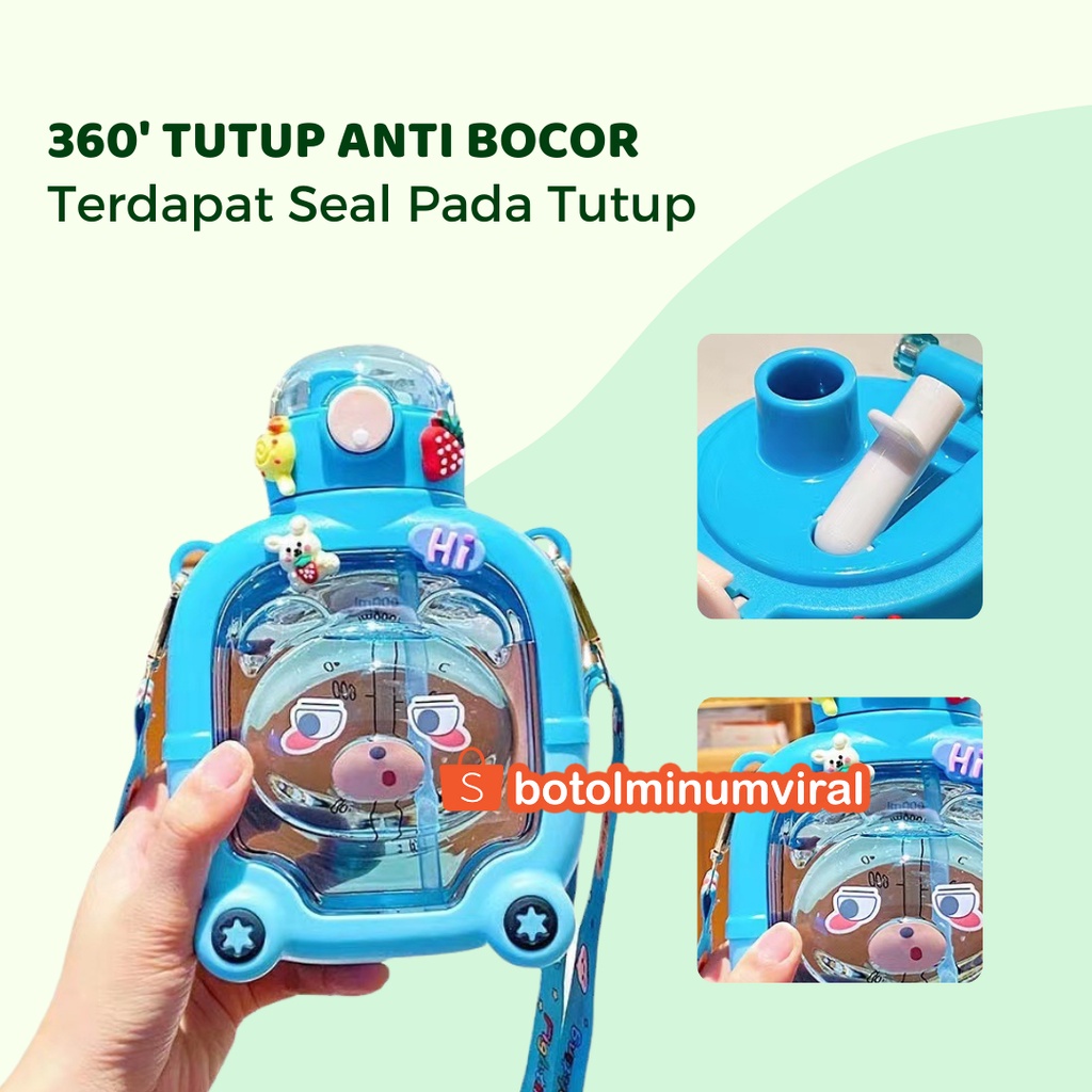 Botol Minum Viral Anak Free Sticker 2D 3D Karakter Sedotan Tali Lucu