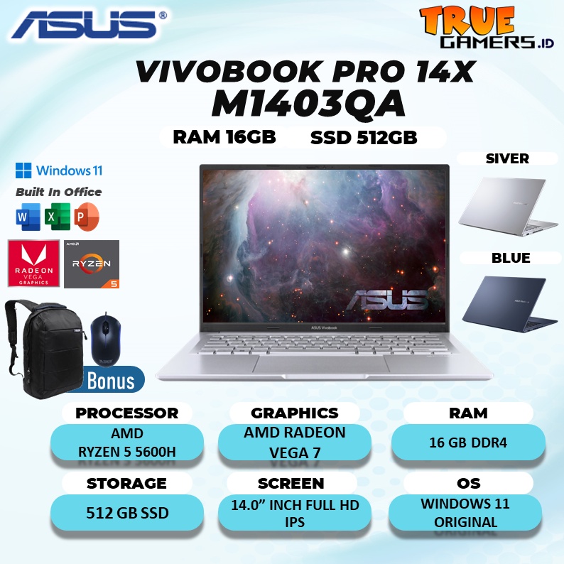 Laptop Asus Vivobook 14X M1403QA RYZEN 5 5600H 16GB 512ssd VEGA7 WIN 11 free OHS 14&quot;