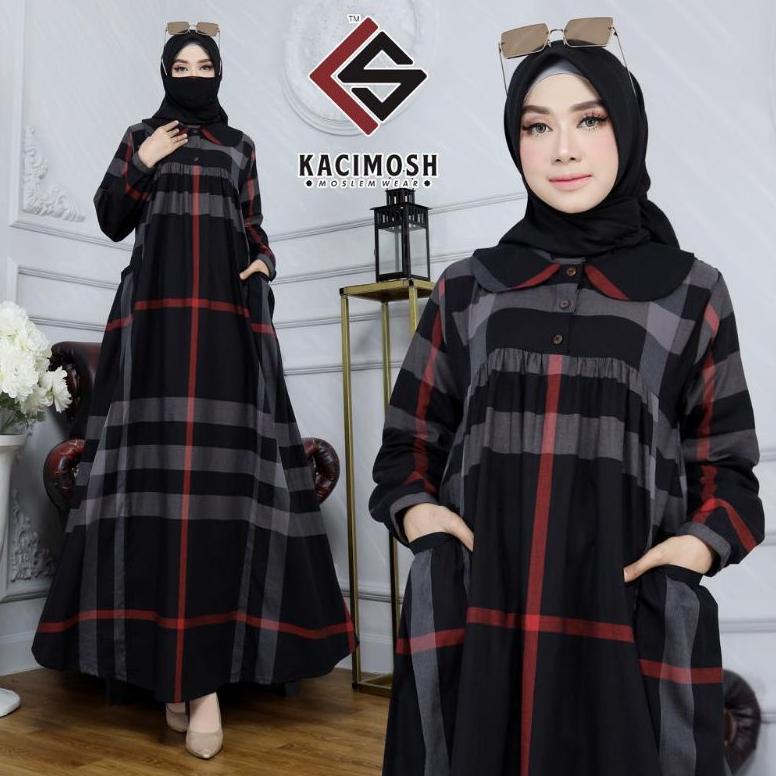 Terbaru Flanel Store(COD) Gamis Burbery Kerah Import Ori Motif Kotak Kotak Kualitas Premium || Gamis