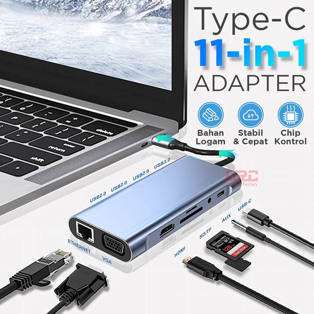 Adapter Converter HUB Type C to 11 Port VGA LAN HDMI TF Micro SD Jack