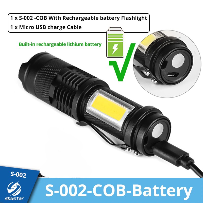 Shustar Senter LED Mini Flashlight USB Rechargerable XPE + COB - S-002 - Black