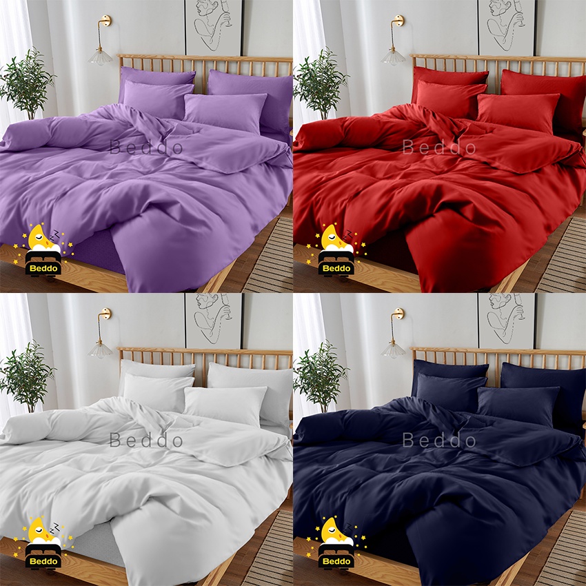 Beddo Sprei Set 160x200 Queen Polos Minimalis Microfiber /Seprai Plain Grey Black white Navy Purple  Mustrad Peach Silver Pink