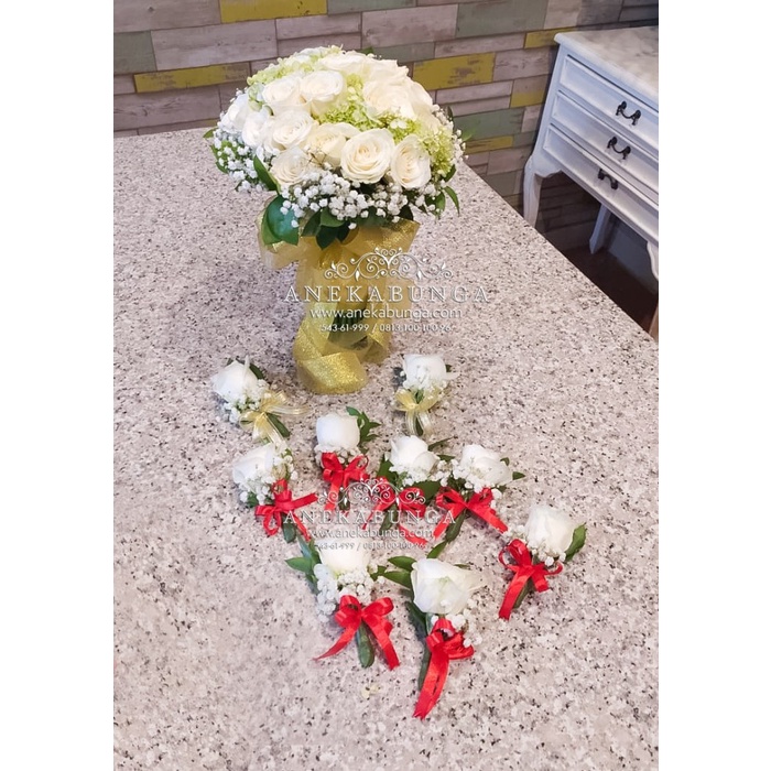Pin Jas Buket Wedding + 9 Corsage Bunga Korsase Pernikahan Asli Bouquet Flower