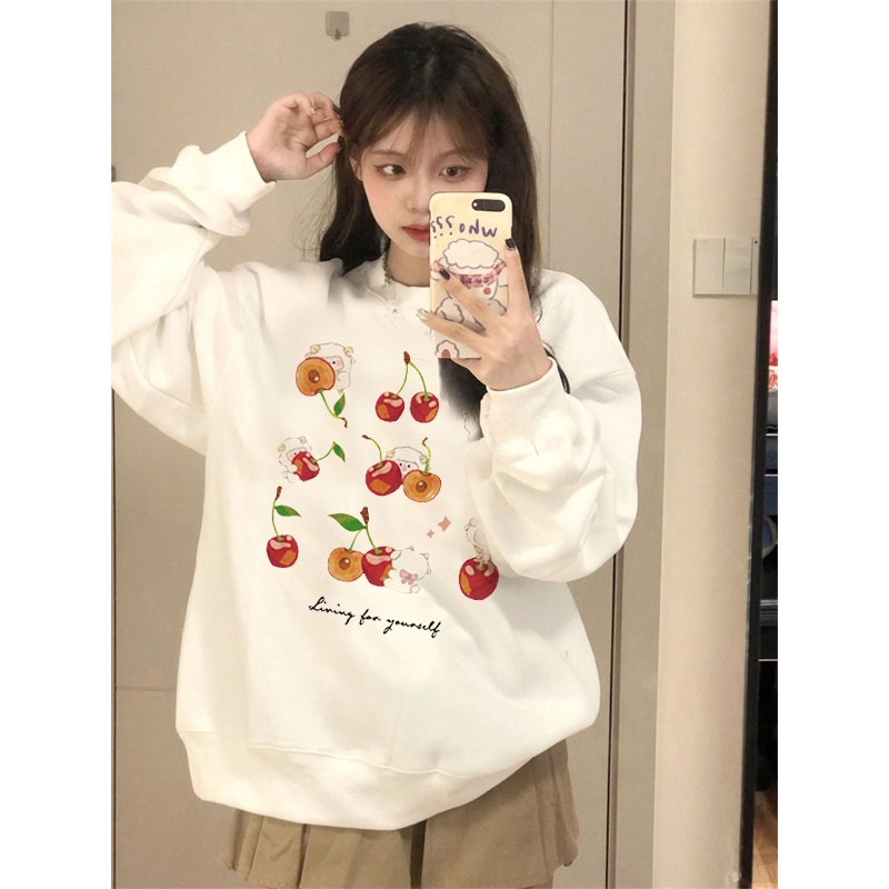 EUNII Sweater Lengan Panjang Cartoon Lamb Cherry Korean Style/Sweater Crop/Baju Wanita/Switer Wanita/Switer