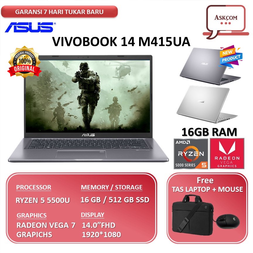 Laptop MURAH Asus Vivobook M415UA Ryzen 5 5500U 16GB 512SSD W10 14.0&quot;FHD
