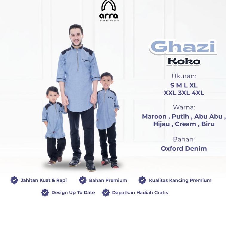 HARGA TERMURAAH Arra Ghazi Baju Koko Pria Lengan 3/4 Dewasa dan Anak Laki Laki Bahan Oxford Denim Si