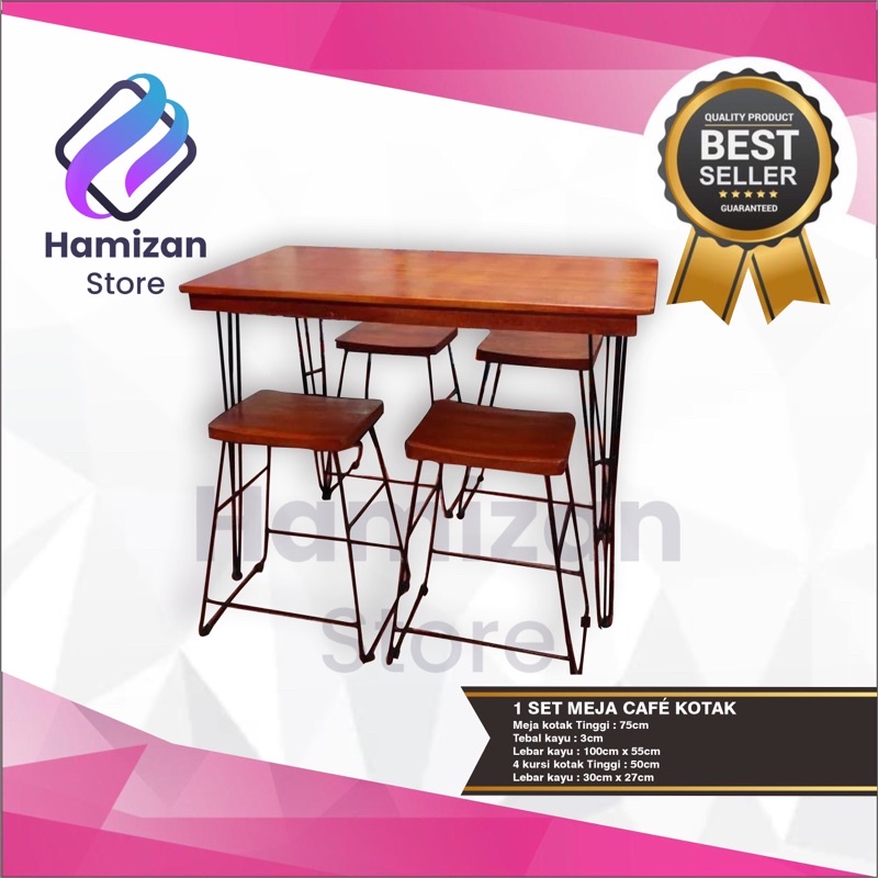 1 set meja cafe 100cm / meja makan / meja bar kotak 4 / kursi cafe kotak / meja cafe persegi / kursi