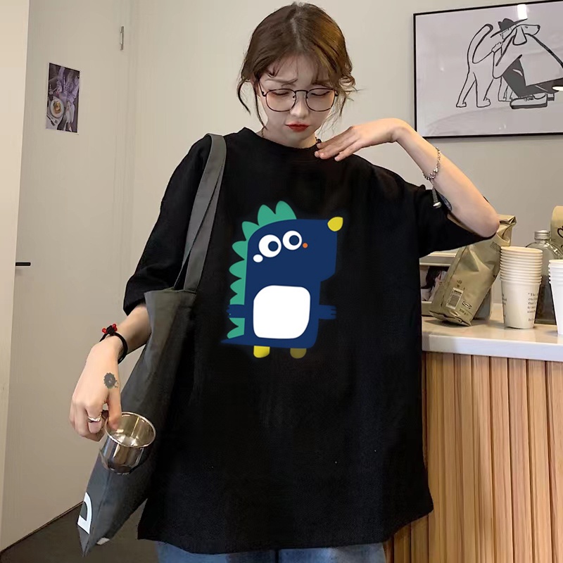 100% Katun Kaos Vintage Hitam Atasan Wanita Lengan Pendek Oversize Cartoon Printed T-shirt Baju Wanita Kekinian Korean Style