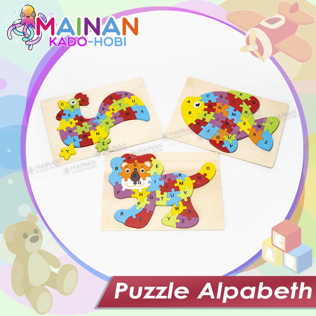 MAINAN ANAK EDUKASI PUZZLE KAYU ABJAD ALPABET KARAKTER ANIMAL LUCU