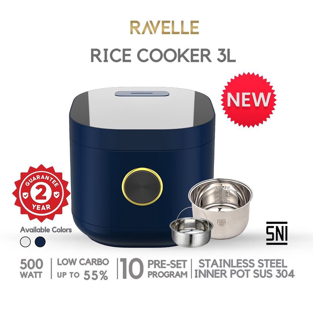 Ravelle Rice Cooker Digital Low Carbo 3 Liter Stainless Innerpot Anti Bacterial