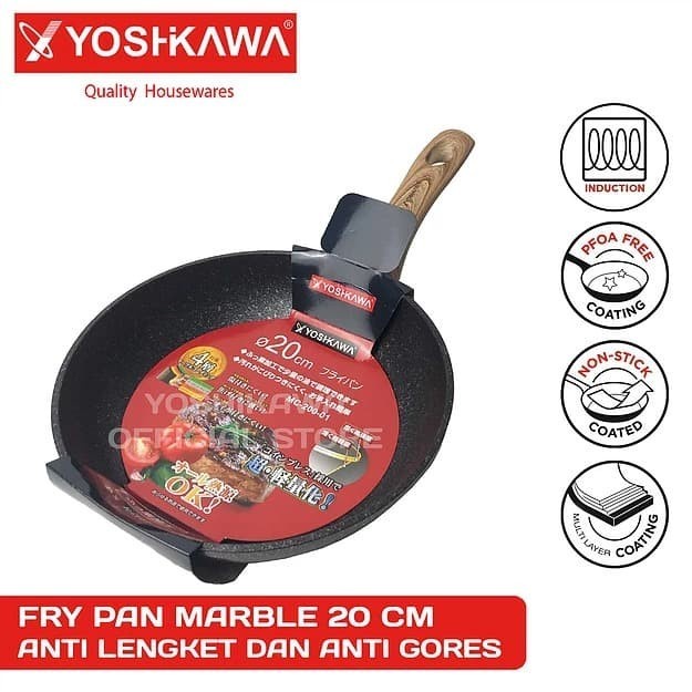 Fry Pan Marble Pan Teflon Panci Wajan Keramik Gagang Kayu YOSHIKAWA