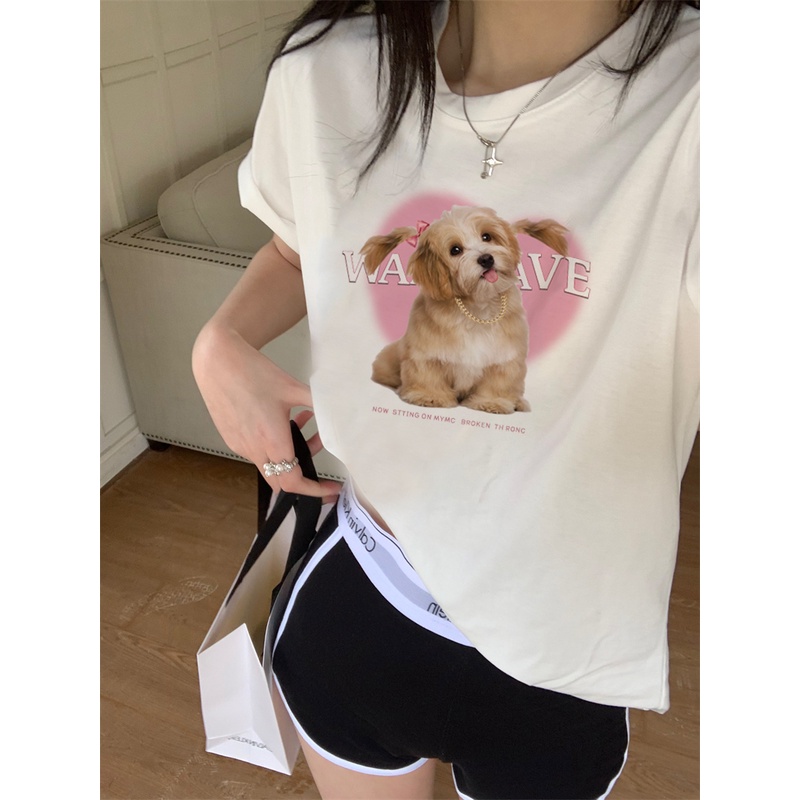 EUNII T-shirt Lengan Pendek Cartoon Pink Dog Korean Style/Kaos Atasan Wanita/Baju Kaus Oversize Wanita/Kaos Wanita