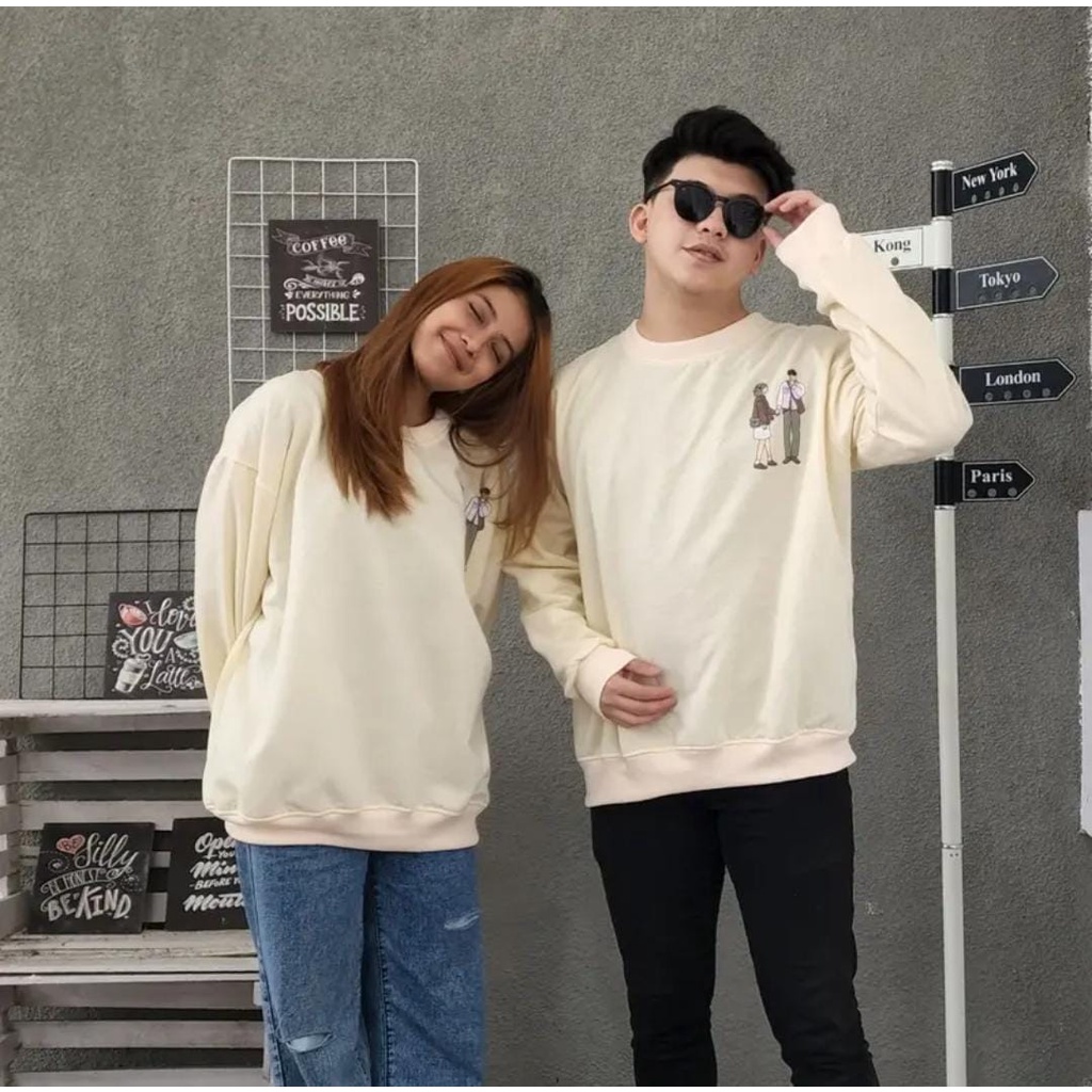 KOREAN SWEET COUPLE OVERSIZE SWEATER CREWNECK FIT TO XXL ONE SIZE FIT XXL - HOODIE TEBAL TERLARIS