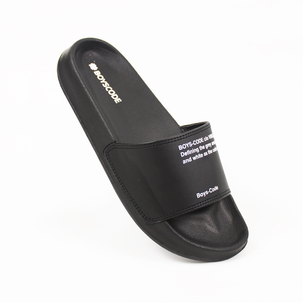 Sendal Selop BOYSCODE Small Word Hitam Pria Wanita / Sandal Slide Cowok / Sandal Slip On / Sandal Di