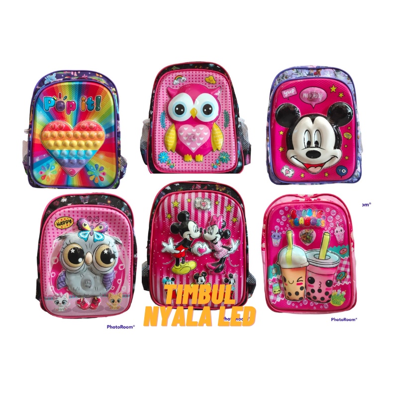 Tas Ransel Sekolah Anak Perempuan Sd LED Nyala Premium / Ransel Anak Cewek Karakter Viral 2023 Embos Timbul 3 dimensi Sd tk