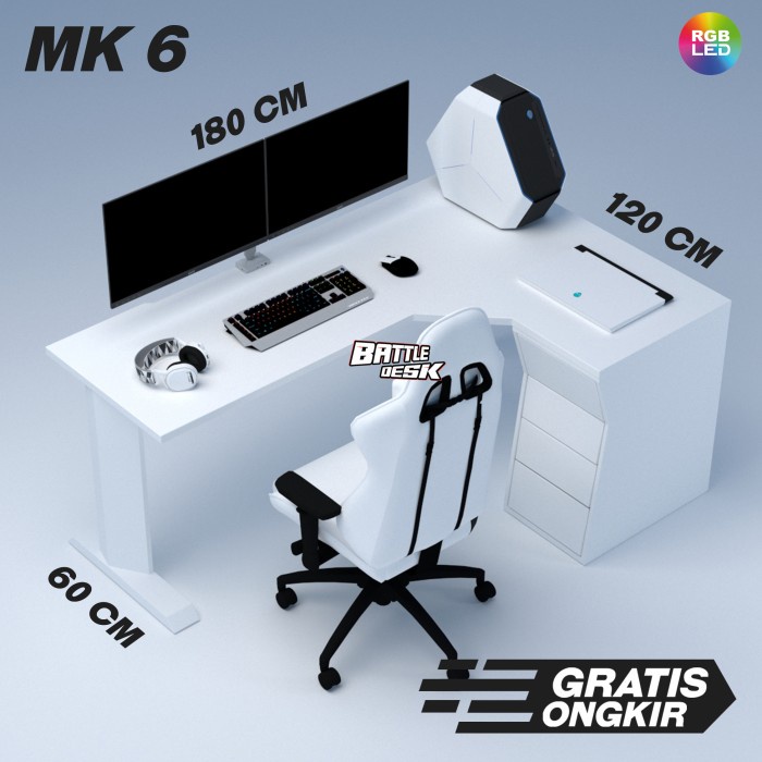 Meja Meja Komputer Gaming Pc Desk Rgb Murah 180X60 - Battledesk Mk 6 Hitam