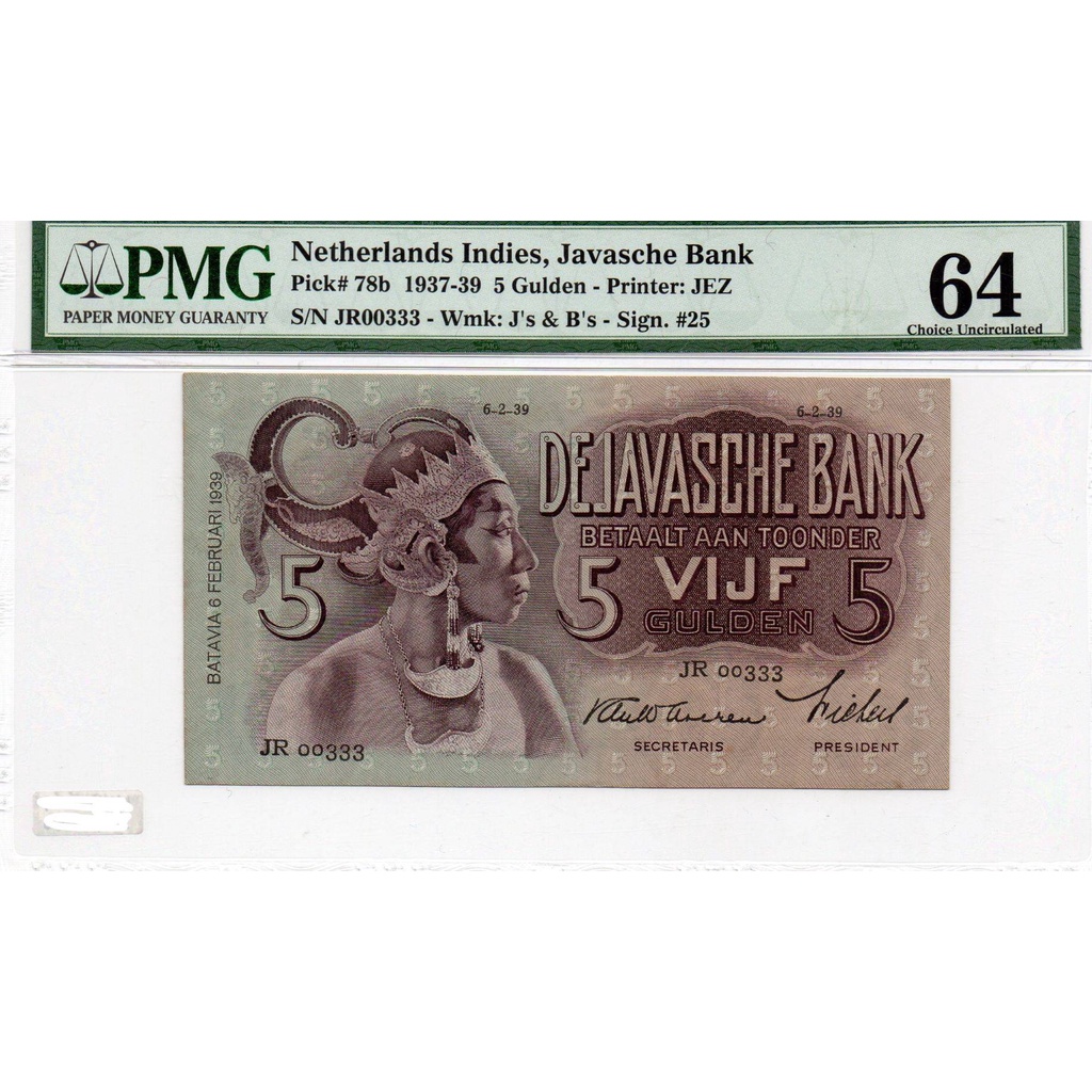 Uang Kuno No 333 Netherlands Indies 5 Gulden 1937 P-78b (PMG 64 UNC)