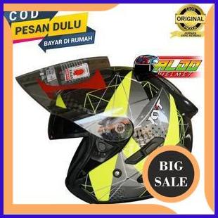 perkakas PROMO KYT GALAXY FLAT R MOTIF SERI 6 BLACK YELLOW FLUO ORIGINAL HELM SNI HALF FACE TERBARU