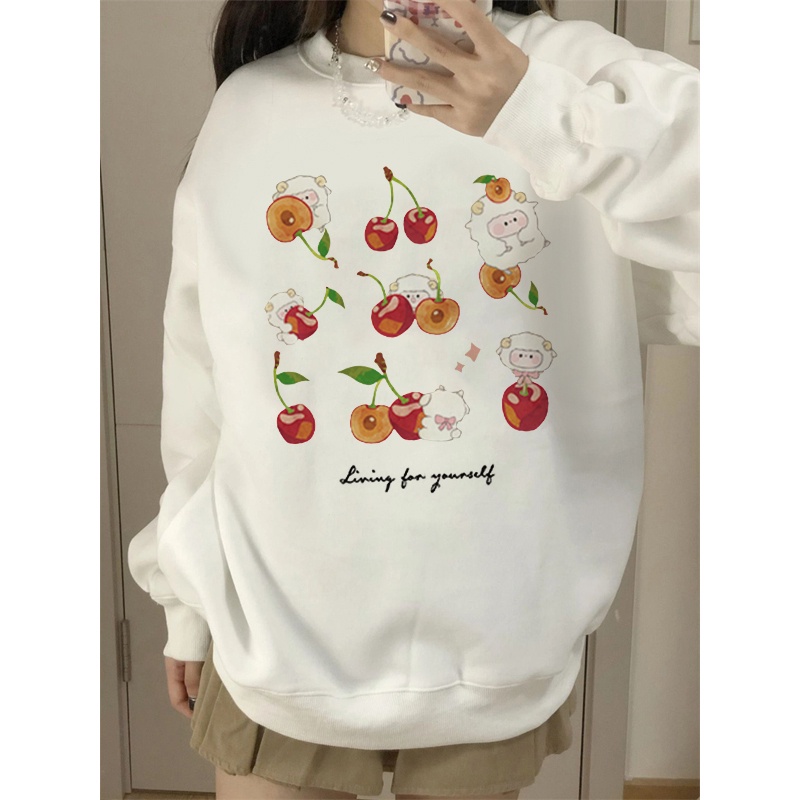 EUNII Sweater Lengan Panjang Cartoon Lamb Cherry Korean Style/Sweater Crop/Baju Wanita/Switer Wanita/Switer